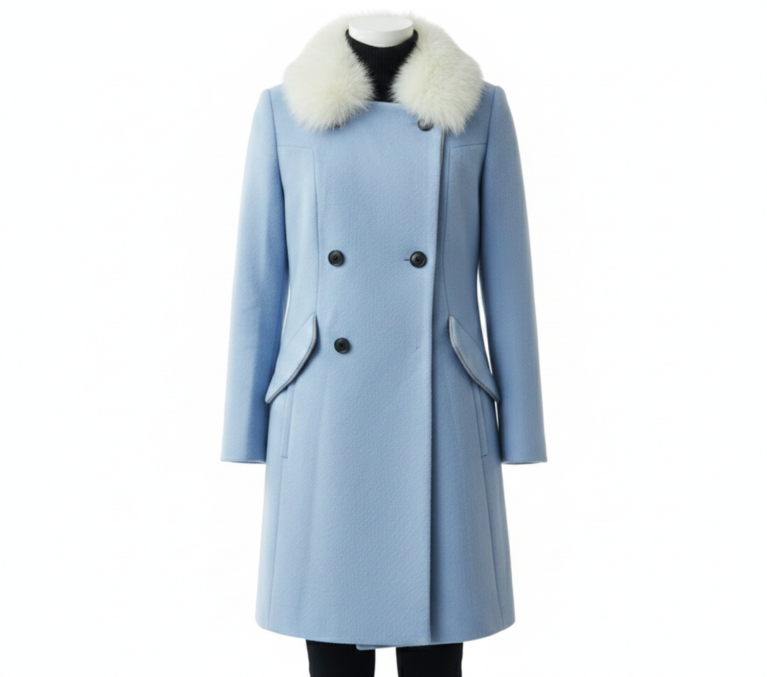 Women's Light Blue Double Breasted Wool Blend Winter Coat | Faux Fur Collar