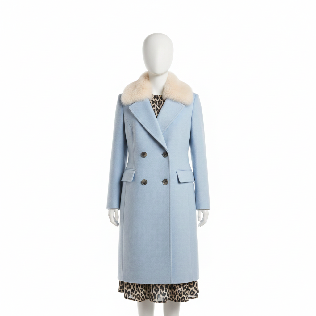 Women's Light Blue Double Breasted Wool Blend Winter Coat | Faux Fur Collar