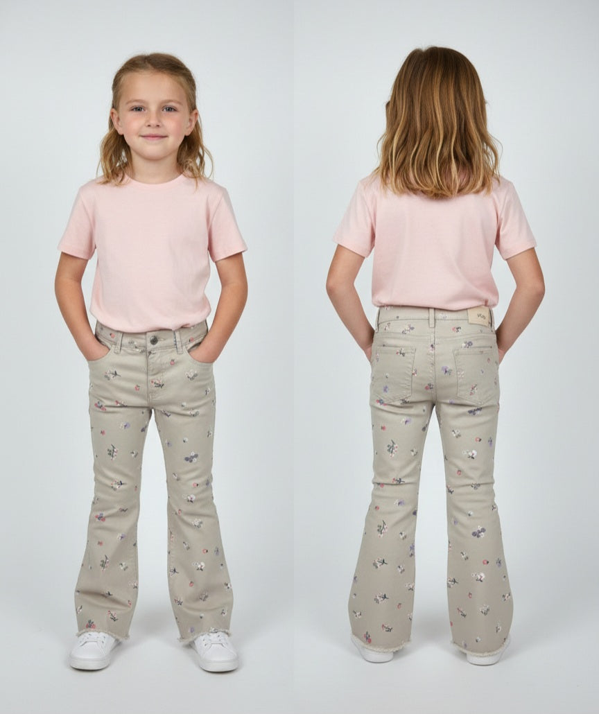 বাচ্চাদের ফ্লোরাল প্রিন্ট ফ্লেয়ার প্যান্ট - বেইজ