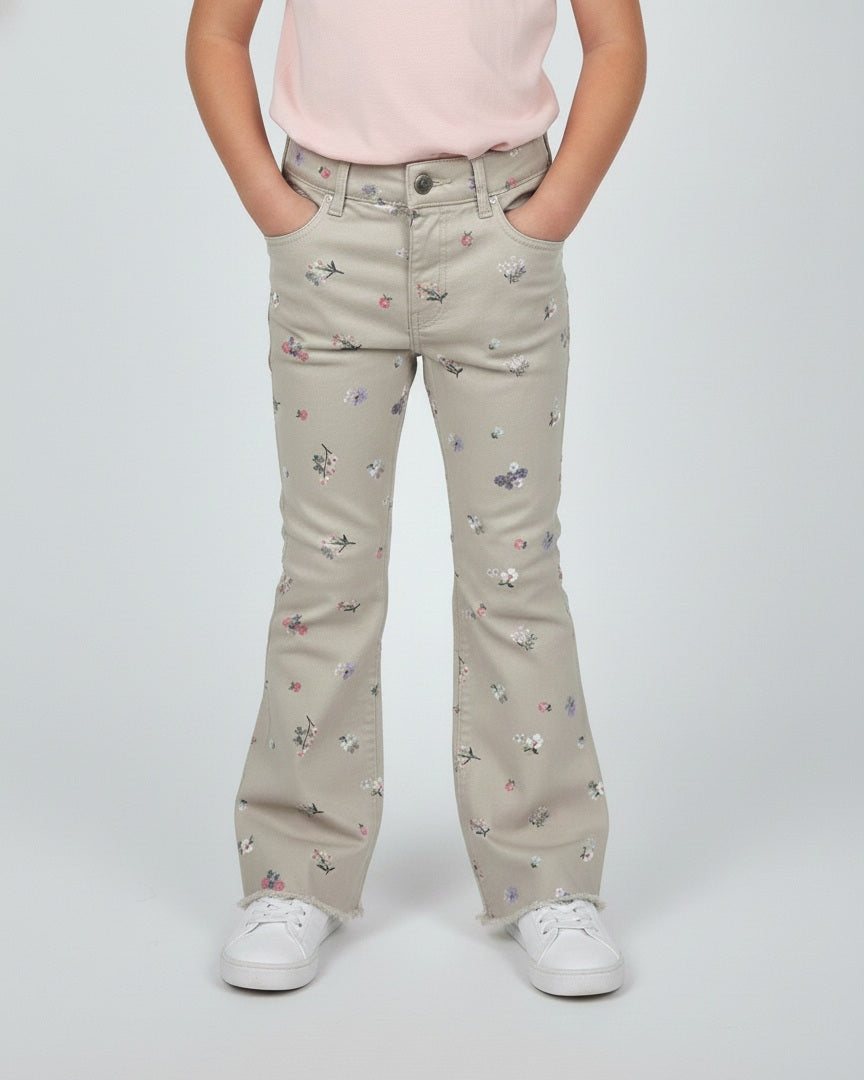 বাচ্চাদের ফ্লোরাল প্রিন্ট ফ্লেয়ার প্যান্ট - বেইজ