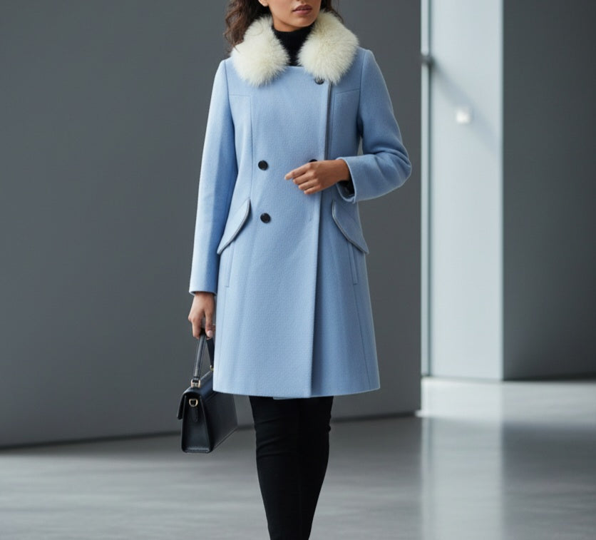 Women's Light Blue Double Breasted Wool Blend Winter Coat | Faux Fur Collar