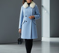 Women's Light Blue Double Breasted Wool Blend Winter Coat | Faux Fur Collar