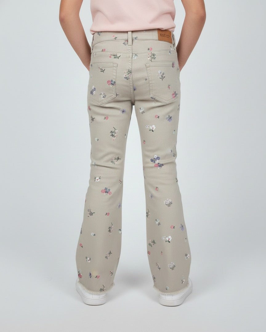 বাচ্চাদের ফ্লোরাল প্রিন্ট ফ্লেয়ার প্যান্ট - বেইজ