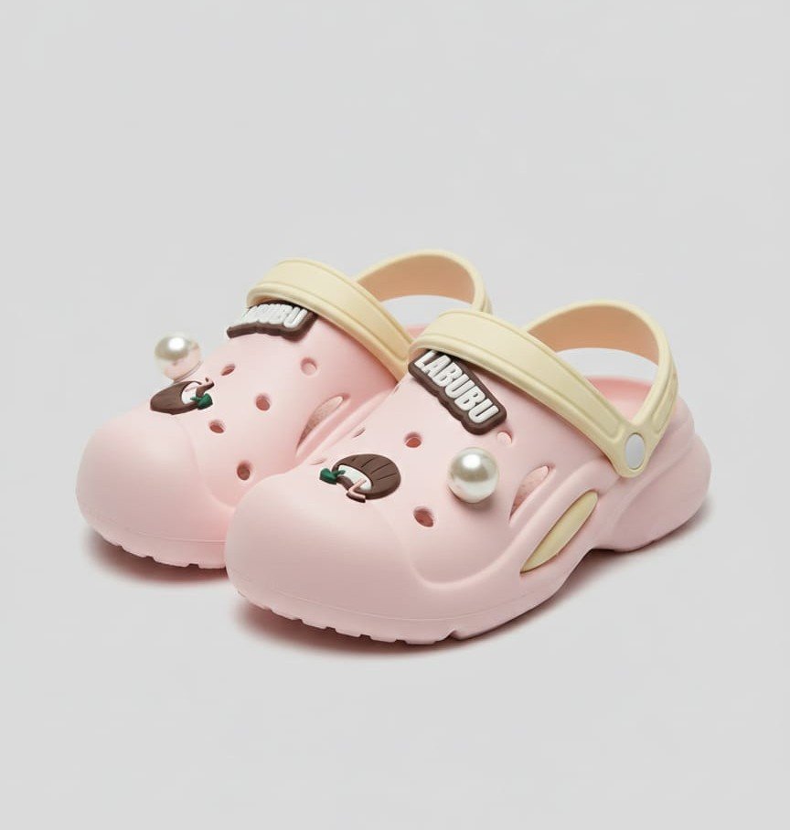 Stylish Baby Pink Clogs with Cream Strap - Comfortable Lightweight Platform Slides