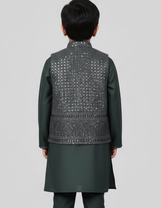 Premium Pakistani Fabric Embroidered Kids Koti & Kurta Set - Elegant Dark Olive Green - Image 4