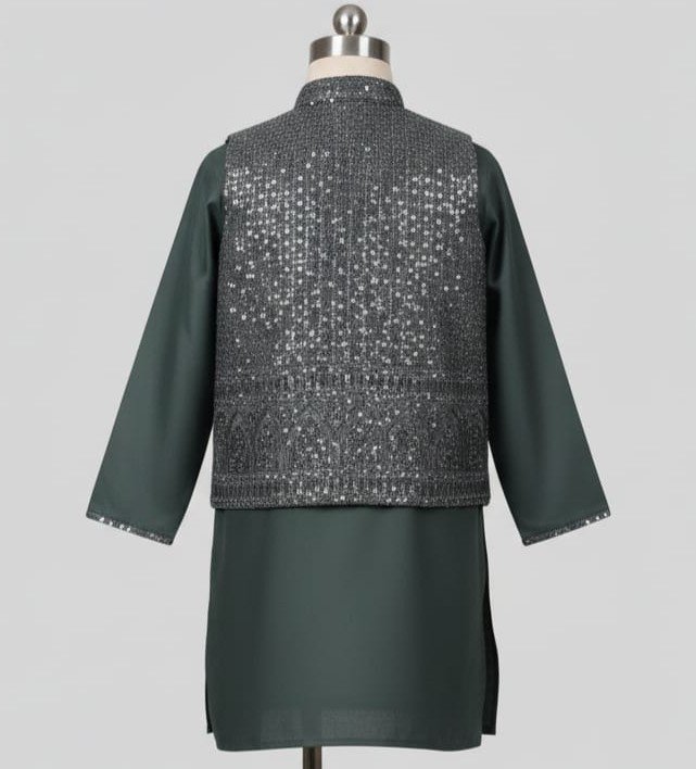 Premium Pakistani Fabric Embroidered Kids Koti & Kurta Set - Elegant Dark Olive Green - Image 2