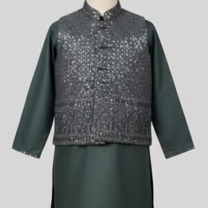 Premium Pakistani Fabric Embroidered Kids Koti & Kurta Set - Elegant Dark Olive Green
