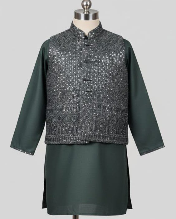 Premium Pakistani Fabric Embroidered Kids Koti & Kurta Set - Elegant Dark Olive Green