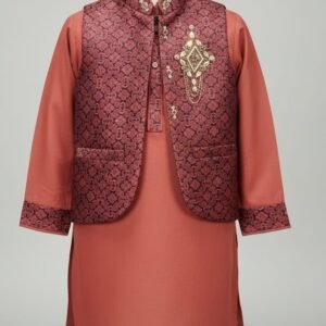 Exquisite Original Pakistani Fabric Kids Koti & Kurta Set - Elegant Maroon & Peach Fusion